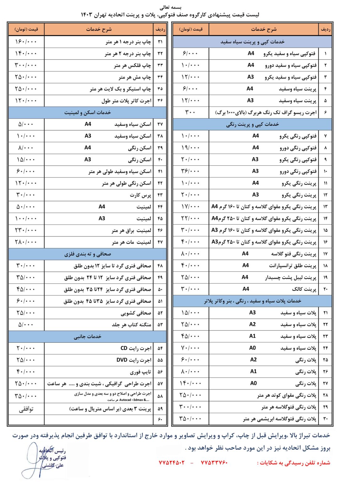 تعرفه اتحادیه فتوکپی 1403